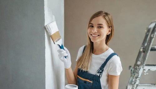 AI generated, woman, woman, a young girl paints a wall with new paint, white, white, renovation of