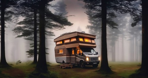 Camper van wooden motorhome, creative high-tech motorhome two-level in nature. Outdoor recreation,