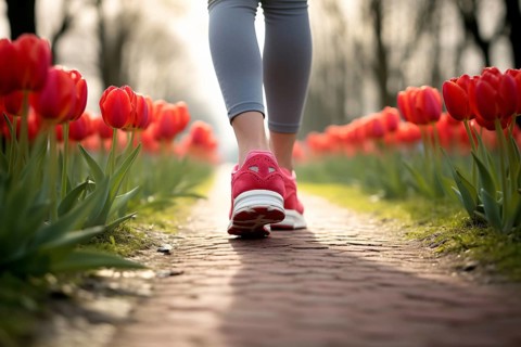 Close up of woman's feet with sport shoes jogging in park with red tulip spring flowers. KI