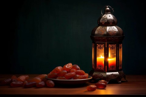 Ramadan lantern with a plate of succulent figs on dark background, set on an ornate table with