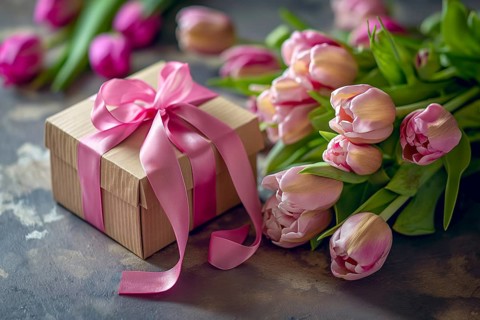 Gift Box with Pink Ribbon Beside bouquet of Fresh Tulips. Background for Valentine day, March 8,