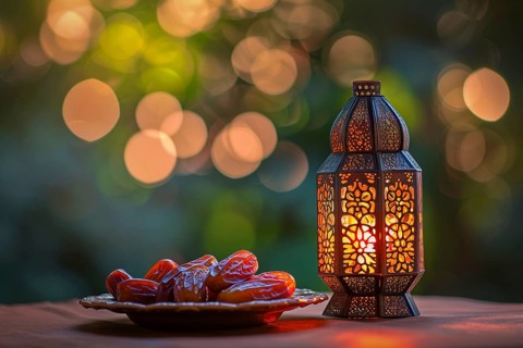 Ramadan lantern with a plate of succulent figs on bokeh background, set on an ornate table with
