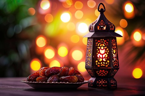 Ramadan lantern with a plate of succulent figs on bokeh background, set on an ornate table with