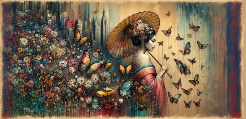A richly colored scene portraying a geisha among flowers and butterflies with a vintage taxi,