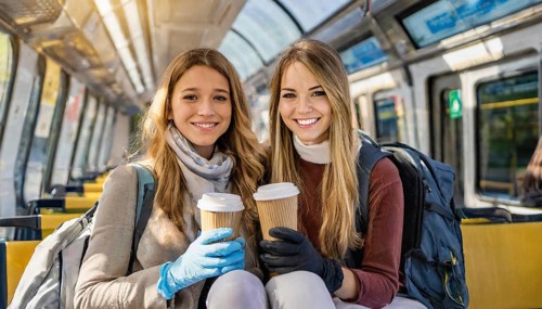 AI generated, Two young blonde woman want to travel and wait in the station for the train, 20, 25,