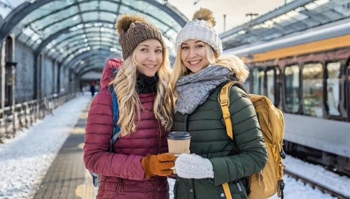 AI generated, Two young blonde woman want to travel and wait in the station for the train, 20, 25,