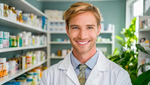 AI generated, A young pharmacist in his pharmacy, portrait, 30, 35, years, man, men, male, bearded,