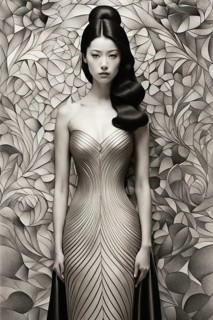 Elegant woman in a styled dress against a floral pattern backdrop, AI generated