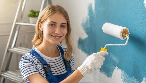 AI generated, woman, woman, a young girl paints a wall with new paint, blue, light blue, blue,
