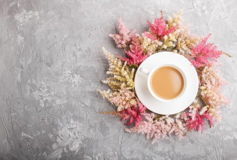 Pink and red astilbe flowers and a cup of coffee on a gray concrete background. Morninig, spring,
