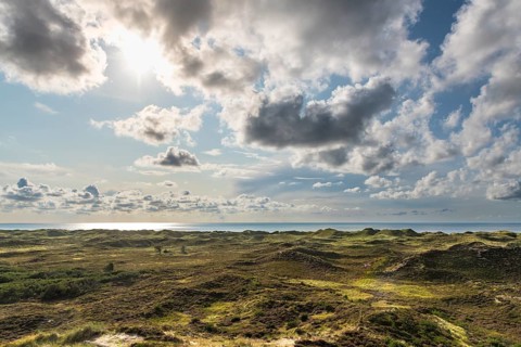 View over dune landscape with loose clouds (Cumulus mediocris) onto the smooth, calm North Sea,