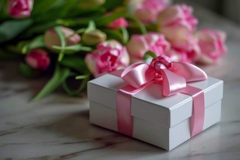 Gift Box with Pink Ribbon Beside bouquet of Fresh Tulips. Background for Valentine day, March 8,