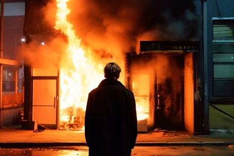Back viee of man standing in front of burning building. Arson concpet. KI generiert, generiert AI