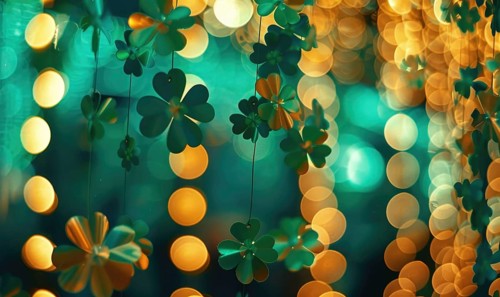 St. Patricks Day background with green clover leaves and bokeh. AI generated