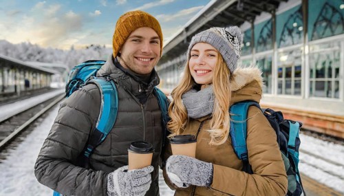AI generated, woman, woman, man, men, A young couple wants to travel and is waiting for the train