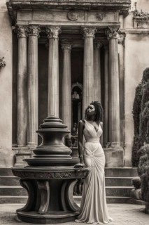Woman in sophisticated dress by a classical entryway with urn, AI generated