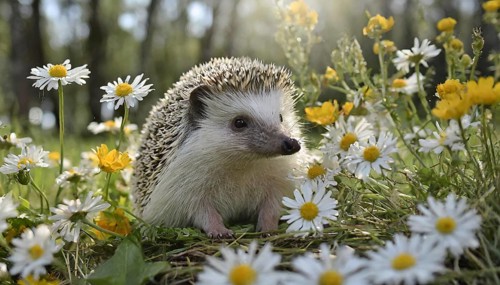 KI generated, animal, animals, mammal, mammals, young hedgehog (Erinaceidae), sitting in flower