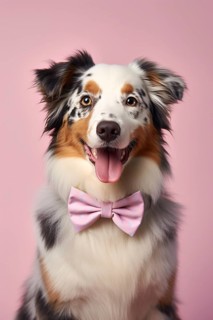 Australian Shepherd dog with bowtie on pink background. KI generiert, generiert AI generated