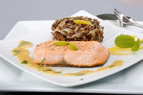 Southern German cuisine, fillet of Dreisam salmon with wild rice and lemon sauce, salmon fillet,