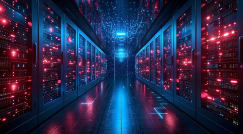 Data center with blue lights shining from server cabinets down a narrow walkway, ai generated, AI