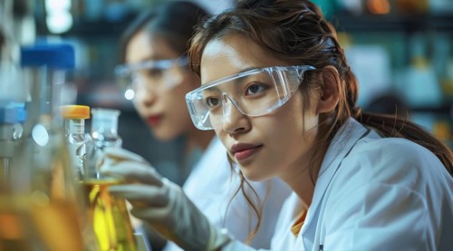 Research scientist investigating a yellow liquid in a beaker, ai generated, AI generated