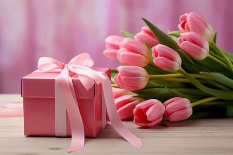 Gift Box with Pink Ribbon Beside bouquet of Fresh Tulips on Bokeh Background. Good for Valentine