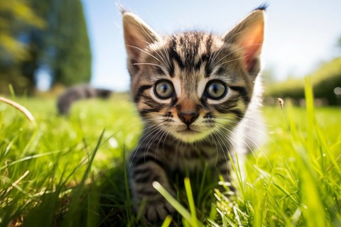Playful Cute Kitten outdoors in Sunlit Grass. Kitten excitement and wonder as it explores the