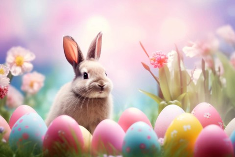 Cute Easter bunny sits beside colorful, decorated eggs amidst a vibrant green field under the