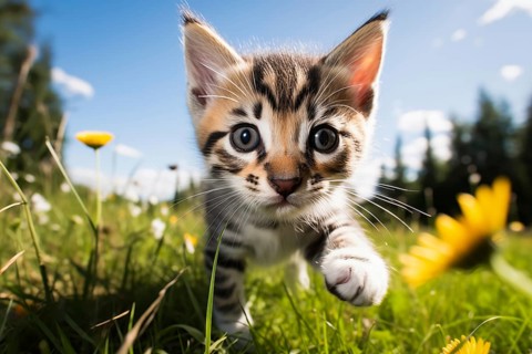 Playful Cute Kitten outdoors in Sunlit Grass. Kitten excitement and wonder as it explores the