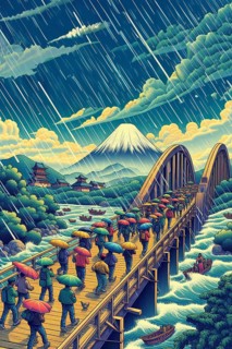 Illustration of people under umbrellas on a bridge over a river with Mount Fuji in the background,