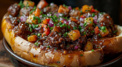 Japanese bunny chow with melting cheese and green onions on a dark plate, ai generated, AI