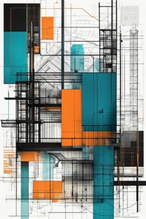Modern abstract artwork featuring architectural blueprints with teal and orange highlights,