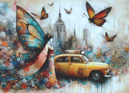 A woman with butterfly wings stands beside a yellow taxi in a floral fantasy cityscape, shunga