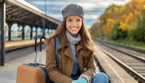 AI generated, A young blonde woman wants to travel and waits for the train at the station, 20, 25,