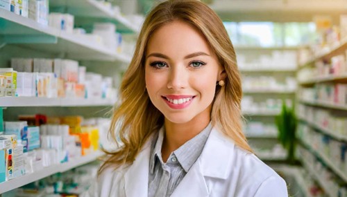AI generated, A young pharmacist in her pharmacy, portrait, 30, 35, years, female, blonde, blond,