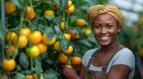 Woman picking green tomatoes, showing satisfaction with her garden's yield, ai generated, AI