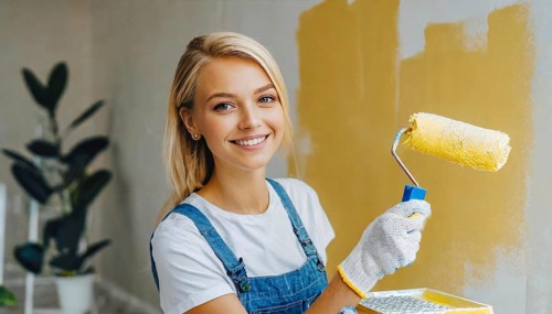 AI generated, woman, woman, a young girl paints a wall with new paint, yellow, yellow, renovation
