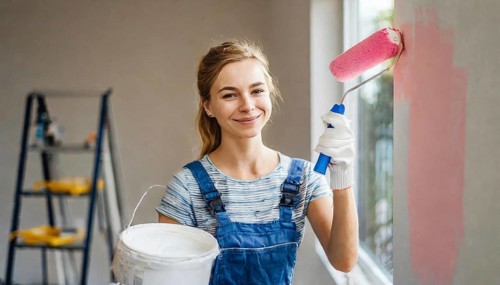 AI generated, woman, woman, a young girl paints a wall with new colour, pink, pink, renovation of