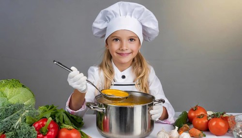 AI generated, human, humans, person, persons, child, children, 8 year old girl cooking a vegetable