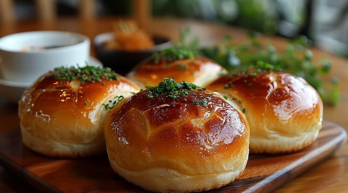 Glossy Japanese bread rolls topped with sesame seeds and parsley on a wooden serving board, ai