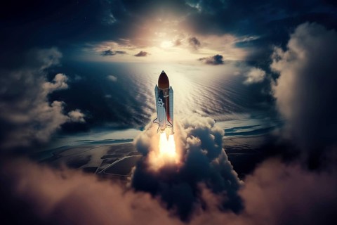 Aerial view of a rocket shuttle carrier launch at sunrise over an ocean coast. The rocket is