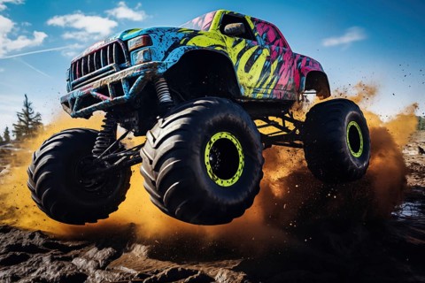 Monster truck driving and jumping outdoors amidst a cloud of dust. Thrill and adrenaline of an