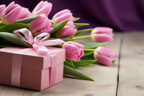 Gift Box with Pink Ribbon Beside bouquet of Fresh Tulips on Bokeh Background. Good for Valentine