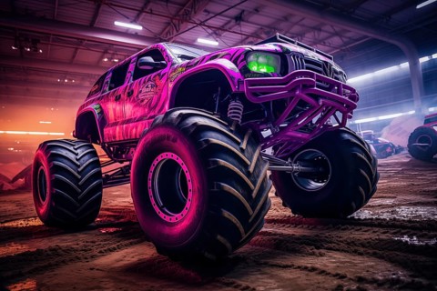 Monster truck illuminated by neon lights, excitement and thrill of an extreme sport and