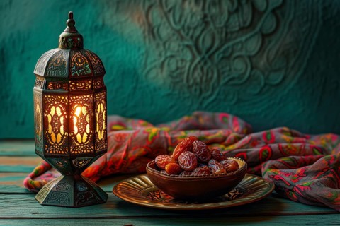 Ramadan lantern with a plate of succulent figs, set on an ornate table with intricate designs,