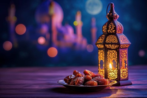 Ramadan lantern with a plate of succulent figs in violet purple tones with mosque and moon, set on