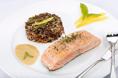 Southern German cuisine, fillet of Dreisam salmon with wild rice and lemon sauce, salmon fillet,