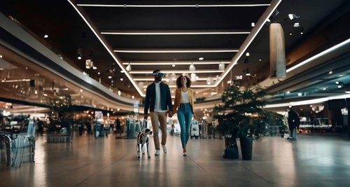 Couple of young people in VR glasses with a dog hybrid robot in a shopping center, AI generated
