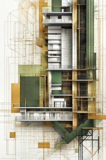 Architectural sketch of a modern building with olive green and gold sections, vertical aspect