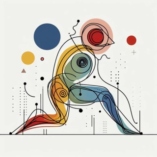 Stylized abstract line art of a seated human figure with circular and linear elements, continuous